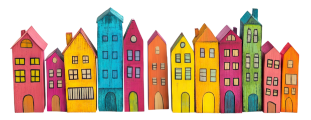 Colorful wooden cityscape with various buildings, isolated on transparent cutout background