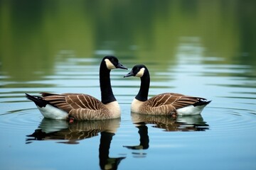 Obraz premium Geese paddling peacefully on calm lake surface, wild, wildlife, calm