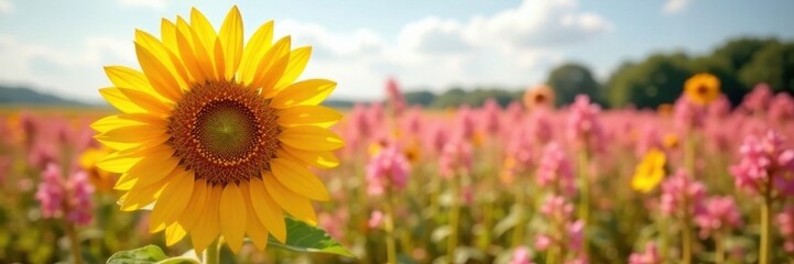 Obraz premium Giant sunflower, vibrant pink blooms, sunny field, bright, floral
