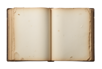 Open vintage blank book mockup featuring worn paper pages, isolated on a transparent background. Flat lay png, cutout. AI Generated