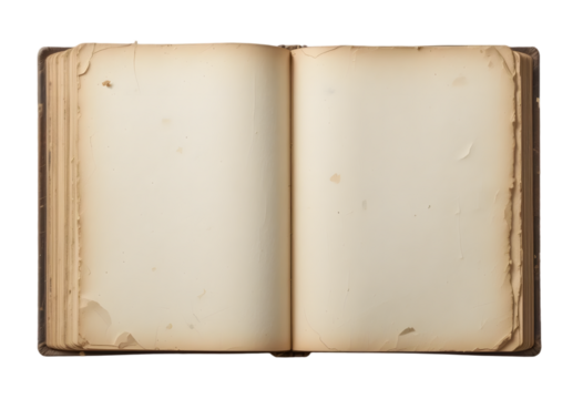 Open vintage blank book mockup featuring worn paper pages, isolated on a transparent background. Flat lay png, cutout. AI Generated