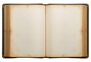 Open vintage blank book mockup featuring worn paper pages, isolated on a transparent background. Flat lay png, cutout. AI Generated