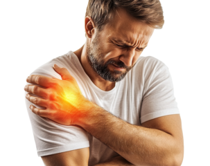 Man suffering from shoulder pain holding arm, isolated on transparent cutout background