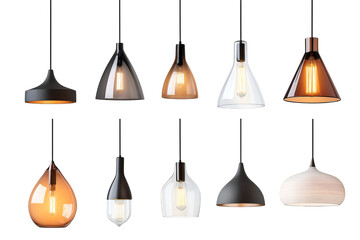 Set of different modern hanging lamps on white background.