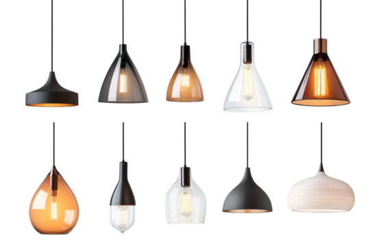 Set of different modern hanging lamps on white background.
