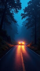 Obraz premium Headlights cut through darkness, illuminating winding road and trees , landscape, route, night