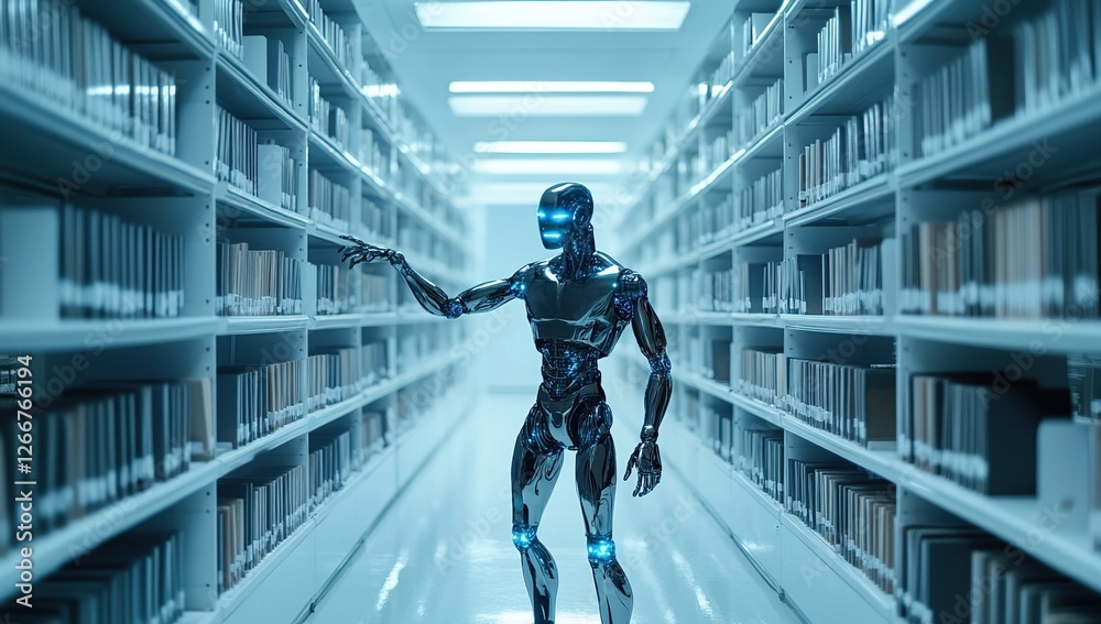 Poster robot selects books in library archive: exploring automated knowledge retrieval and information scie