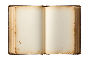 Fototapeta premium Open vintage blank book mockup featuring worn paper pages, isolated on a transparent background. Flat lay png, cutout. AI Generated