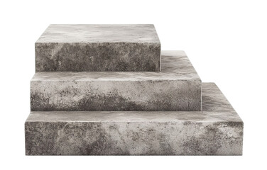 Three-tiered concrete pedestal with rough texture, isolated on transparent cutout background