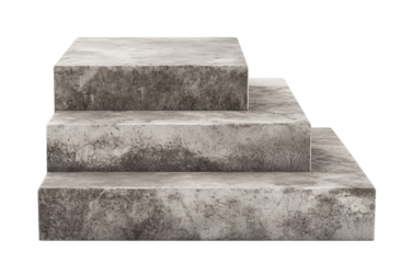 Three-tiered concrete pedestal with rough texture, isolated on transparent cutout background