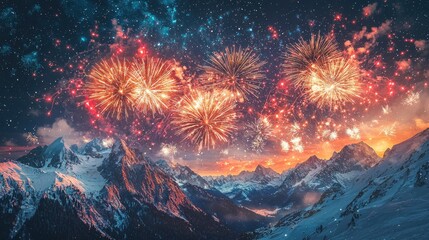 Fireworks display over majestic mountain landscape at night sky with vibrant colors