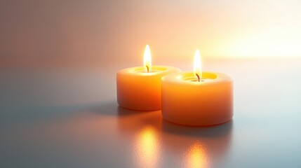 Two candles on a table with soft light shining in the background creating a warm atmosphere