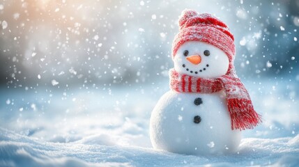 Fototapeta premium Snowman wearing a red hat and scarf standing in a winter landscape with snow-covered ground