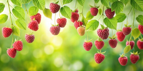 Summer's Bounty Lush Raspberry Branches Heavy with Ripe, Juicy Berries Hanging Down Against a Soft, Green Background