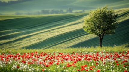 serene spring landscape with poppy field and solitary tree