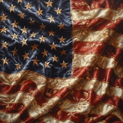 Naklejka premium American Flag Draped Stage Backdrop Hyper-Realistic Illustration Flowing Stripes and Stars