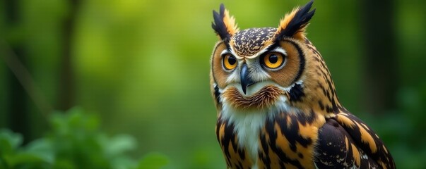 Fototapeta premium Majestic owl, vibrant yellow eyes, blurred green foliage, beauty, focus, yellow