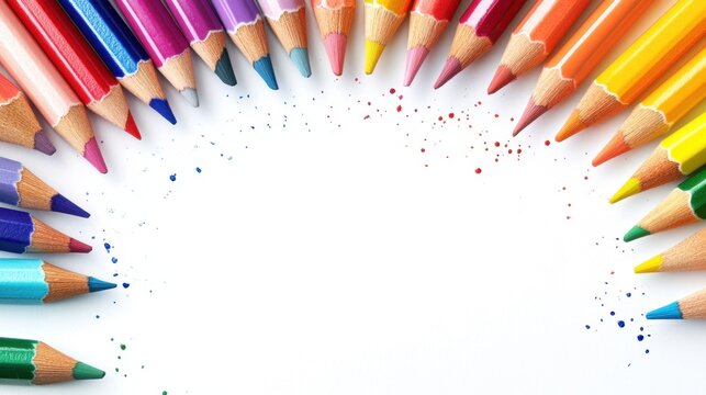 Colored pencils arranged in a circular pattern on a white background for artistic creativity