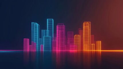 Obraz premium A colorful, digital skyline featuring neon outlines of buildings against a dark background, creating a modern and futuristic urban atmosphere.
