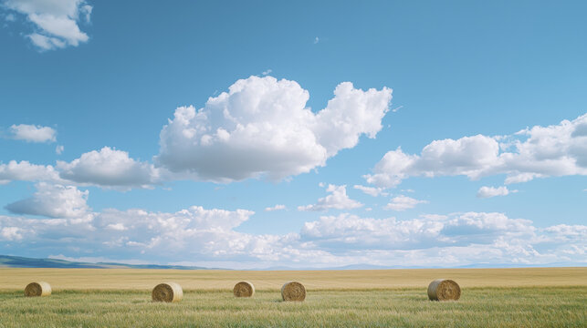 serene landscape featuring golden hay bales bright blue sky with fluffy clouds. peaceful scene evokes sense of tranquility and nature beauty