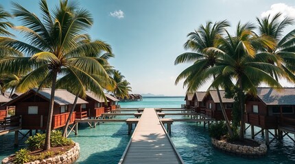 Fototapeta premium A beautiful tropical resort with a wooden walkway leading to the ocean, surrounded by lush palm trees and luxurious overwater bungalows, creating a dream spring break setting.
