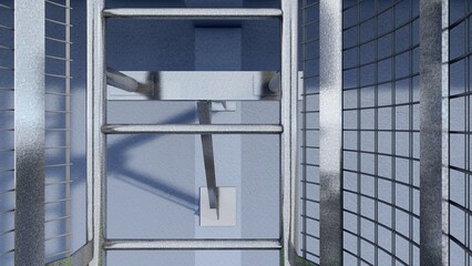 Industrial Cage Ladder: A close-up view of a sturdy steel ladder leading upward within a industrial caged structure, highlighting the ladder's metal rungs, the metal mesh walls. © Wayu