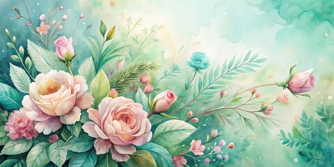 Serene Watercolor Roses and Delicate Floral Arrangement on a Soft Teal Background