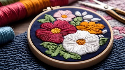 Colorful Floral Embroidery with Threads and Scissors on Table