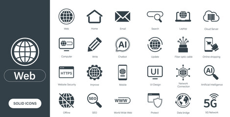 Solid vector icons themed around web technology, internet, websites, and connectivity.