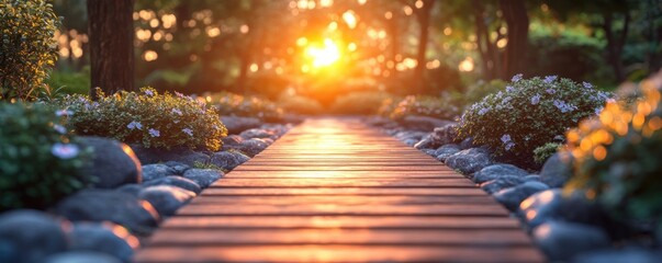 Tranquil Garden Scene at Golden Hour with Lush Greenery and Wooden Path