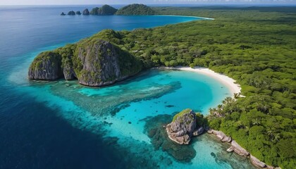Exotic tropical island surrounded by crystal clear blue ocean water with lush green palm trees and pristine sandy beaches