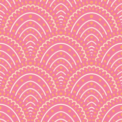 Dotted waves scalloped seamless pattern. Scallop half tone circle geometrical ornament.  Hand drawn small yellow and pink dots and curve arch on pink background. Repeat allover backdrop © Shakhnoza