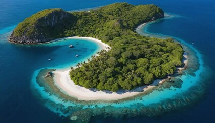 Stunning aerial view of a tropical island with lush green vegetation surrounded by turquoise ocean waters and white sandy beaches