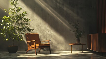 sunlit modern living room with mid-century chair and plants