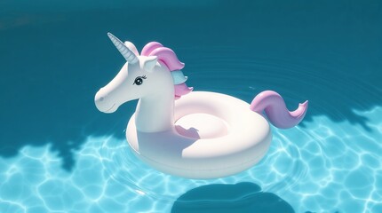 Obraz premium A cute inflatable unicorn with pastel colors floating in a sparkling pool, creating a perfect vacation vibe.