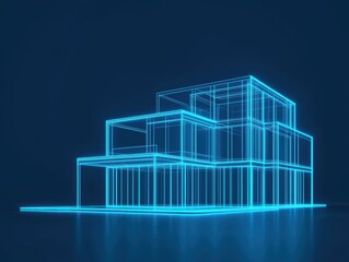 A digital representation of a multi-layered building in a wireframe style, illuminated with a blue glow against a dark background.