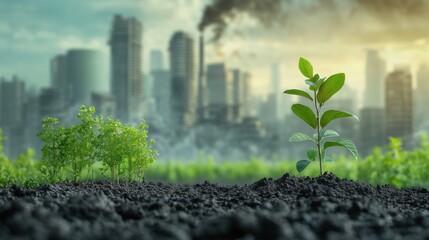 A green plant emerging from soil with an urban city skyline in the background during daylight