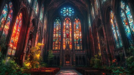 Gothic church interior with vibrant stained glass and lush greenery. Perfect for fantasy, religious, or mystical themes.