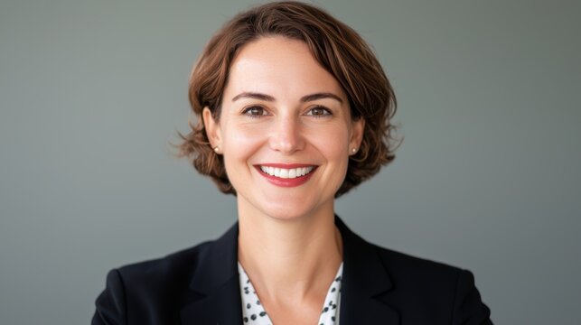 A smiling professional woman in a blazer poses confidently against a neutral background, exuding approachability and professionalism.