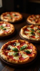 Several pizzas artfully arranged on a dark pub table , table, overhead