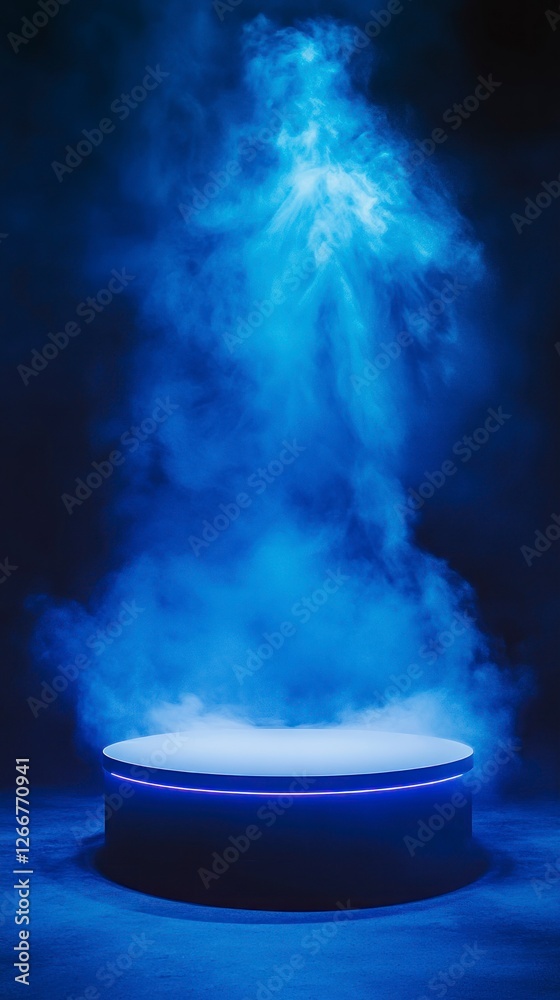 Wall mural podium illuminated with blue light, surrounded by smoke and set against an indigo background. The platform is white, and the lighting creates shadows that highlight its round shape.