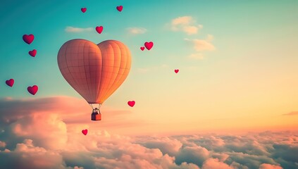 Fototapeta premium Heart-Shaped Hot Air Balloon Soaring Above Clouds at Sunset with Floating Hearts: A Romantic Aerial Journey