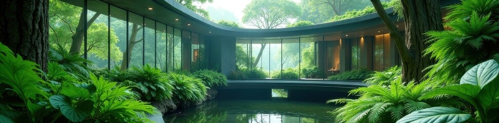 Sleek glass structures house ancient ferns; futuristic oasis , modern, technology, lines