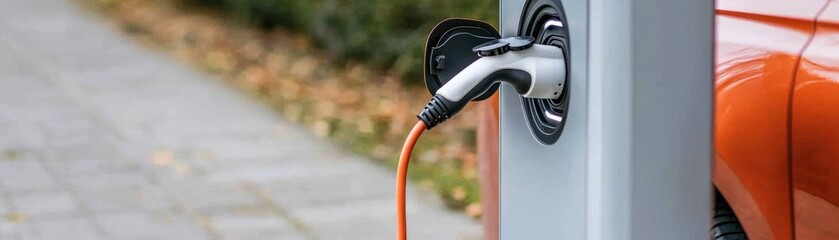 Electric Vehicle Charging Station Close-Up with Connector Plugged In for Sustainable Transportation Solutions