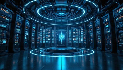 Futuristic glowing blue server room with digital cyber elements representing cloud computing data storage and information technology