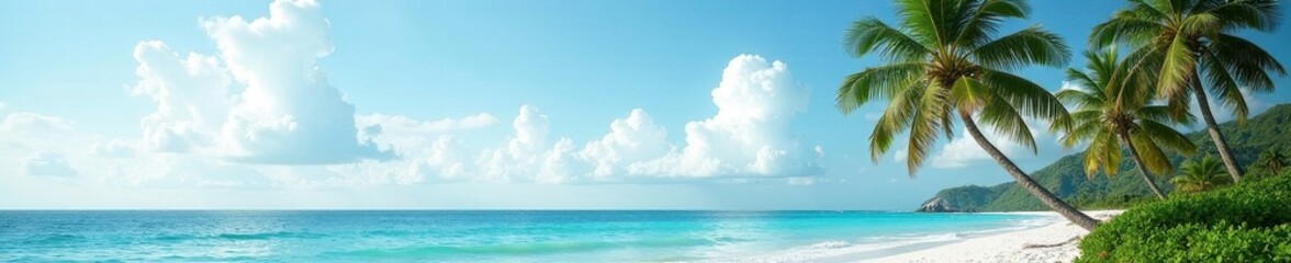 Slender palm trees sway gently beside a tranquil ocean , coast, sunlight, sand