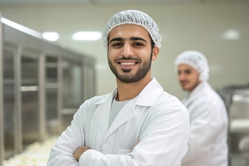 Confident Food Industry Worker Smiles, Proudly Shows Professionalism in Clean Lab Coat, Representing Hygiene and Safety Standards in Food Production