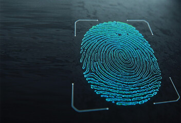 Biometric verification. AI generated Fingerprint scanning technology, free blank copy space poster or banner for security agencies or services.  Immersive technology for identity and approval.