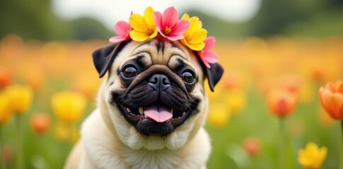 Smiling pug in vibrant flower crown, field background , nose, summer, pet