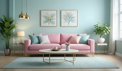 This image shows a modern living room with a light blue wall, a pink sofa, and a coffee table in the center. It is decorated with framed floral artwork.